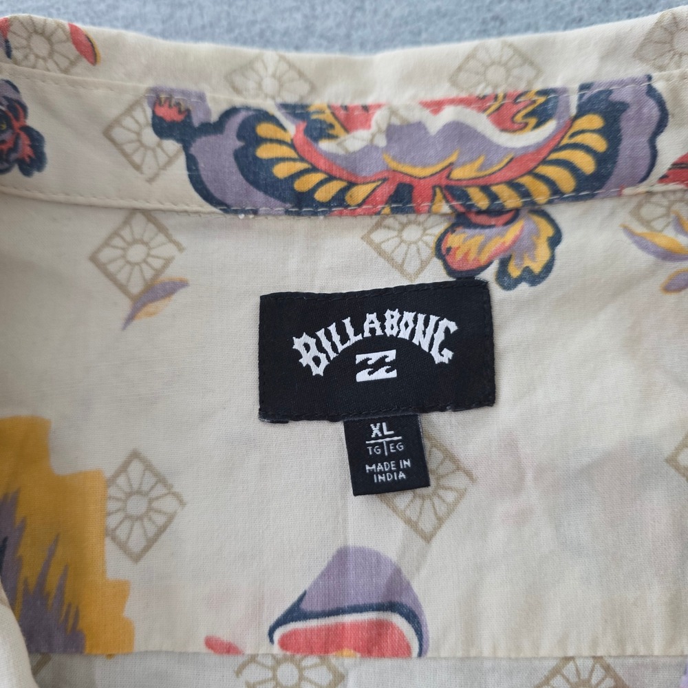 Billabong Mens XL Floral Geometric Print Short Sleeve Button Down Shirt Cream - Picture 3 of 7